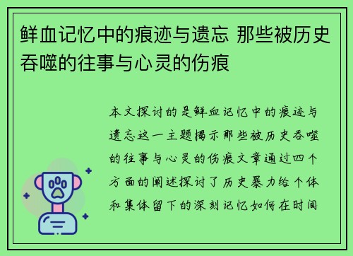 鲜血记忆中的痕迹与遗忘 那些被历史吞噬的往事与心灵的伤痕